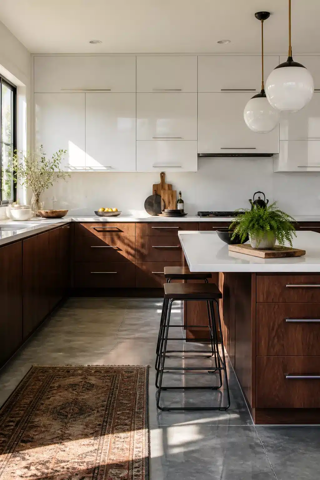 Two tone kitchen cabinet ideas with rich walnut lower cabinets and glossy white uppers, globe pendants, and concrete tile floor.