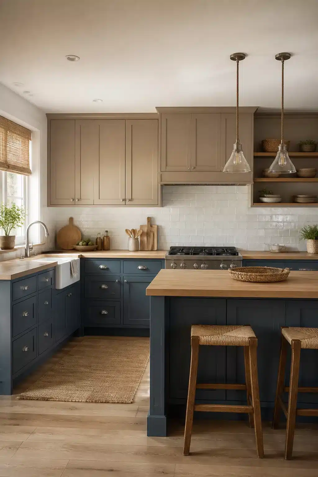 Two tone kitchen cabinet ideas with slate blue lowers, greige uppers, and butcher block countertops