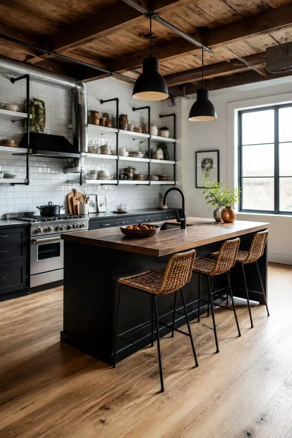Two tone kitchen cabinet ideas with matte black lowers, white subway tile, open shelving & butcher block island
