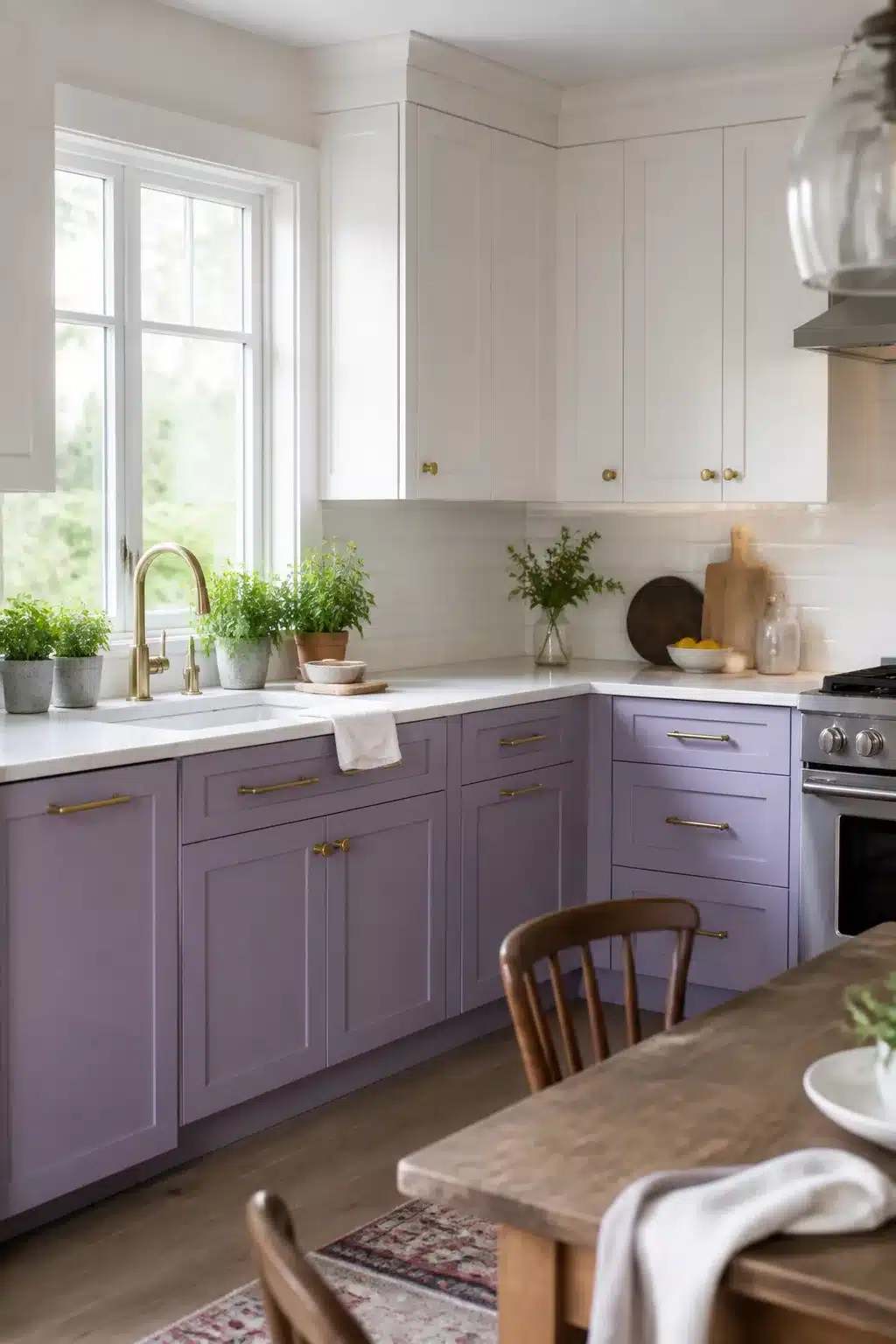 Two tone kitchen cabinet ideas with pale lavender lower cabinets, bright white uppers, and gold hardware.