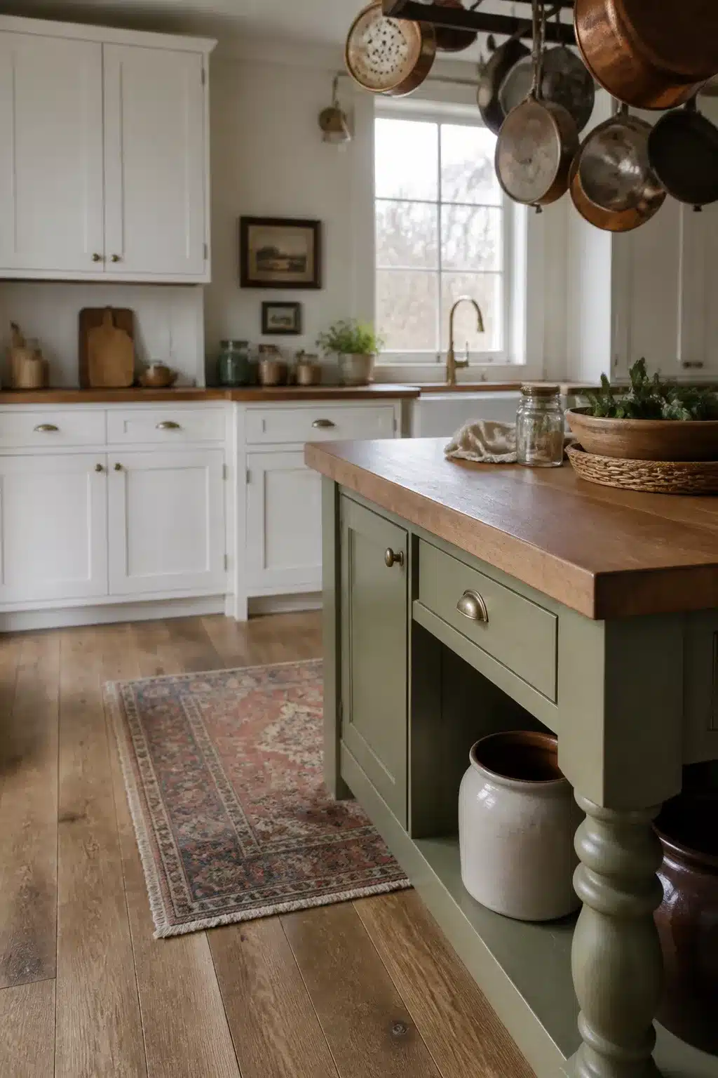 Two tone kitchen cabinet ideas with olive green island and white shaker perimeter cabinets, butcher block counters, brass hardware