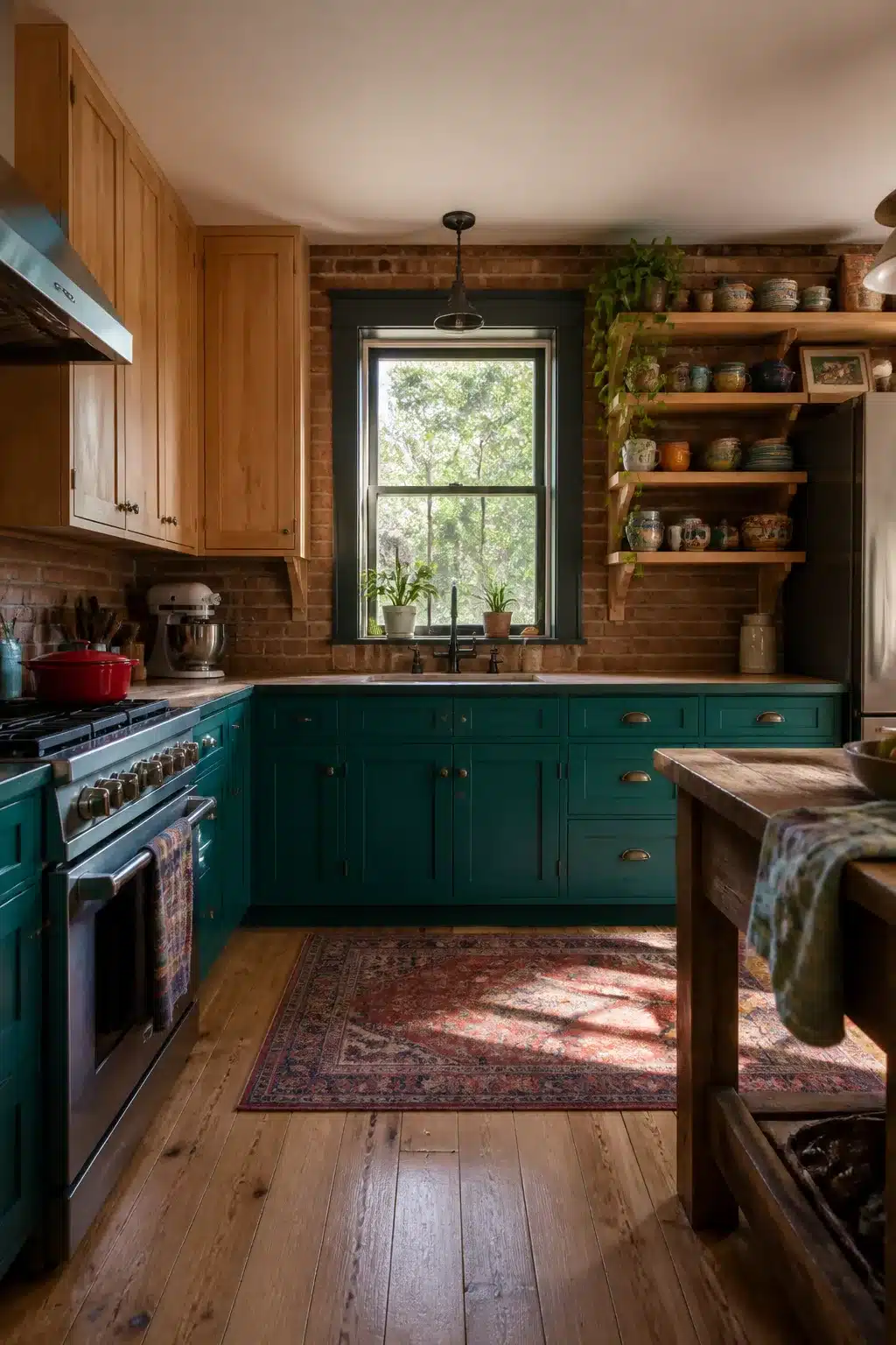 Two tone kitchen cabinet ideas: teal lower cabinets paired with warm natural wood uppers and exposed brick walls.