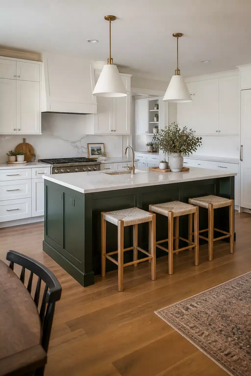 Two tone kitchen cabinet ideas with a forest green island, white perimeter cabinets, and brass pendant lights