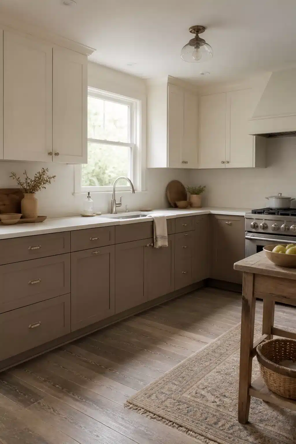 Two tone kitchen cabinet ideas with warm taupe lower cabinets, cream shaker uppers, brass hardware, and white countertops.