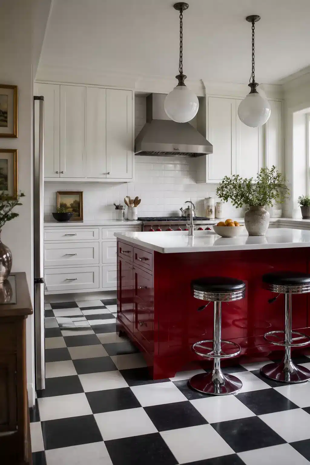 Two tone kitchen cabinet ideas with a glossy red island, white shaker perimeter cabinets, and black and white checkered floor