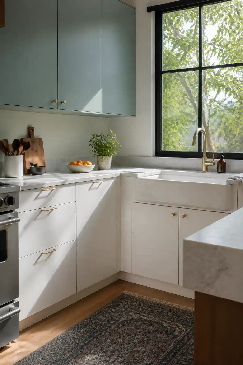 Two tone kitchen cabinet ideas with pale blue-green upper cabinets, white lowers, brass hardware, and farmhouse sink.