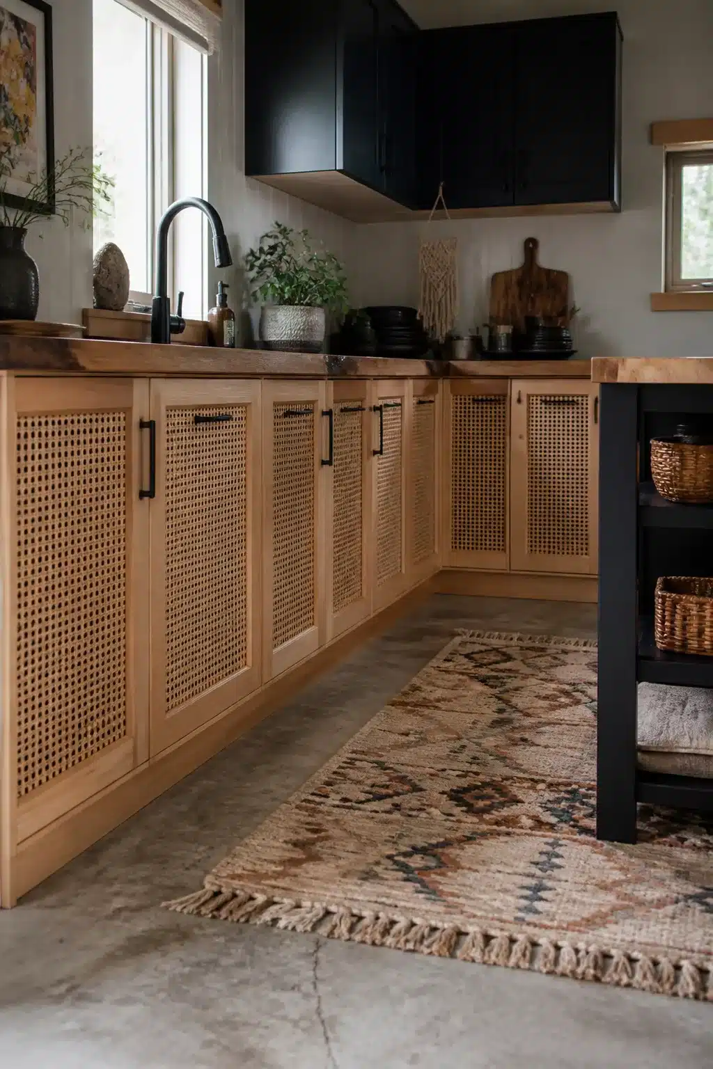 Two tone kitchen cabinet ideas with matte black uppers and natural rattan cane-front lower cabinets with concrete floors