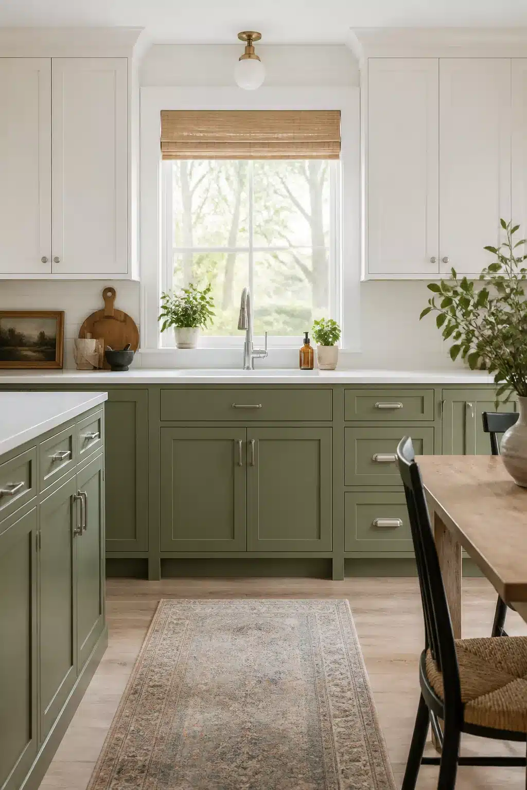 Two tone kitchen cabinet ideas with soft pistachio green lowers and bright white upper cabinets with nickel hardware