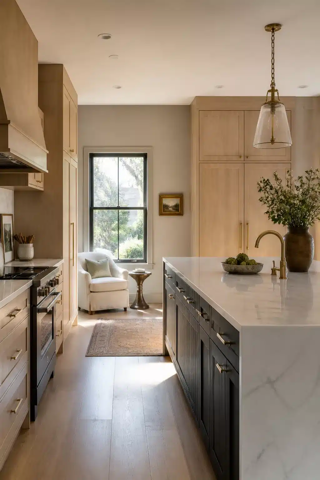 Two tone kitchen cabinet ideas — charcoal island with white oak perimeter cabinets and brass hardware