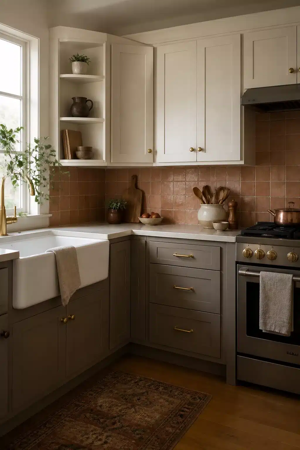 Two tone kitchen cabinet ideas with warm greige lower cabinets, off-white shaker uppers, brass hardware, and pink tile backsplash.