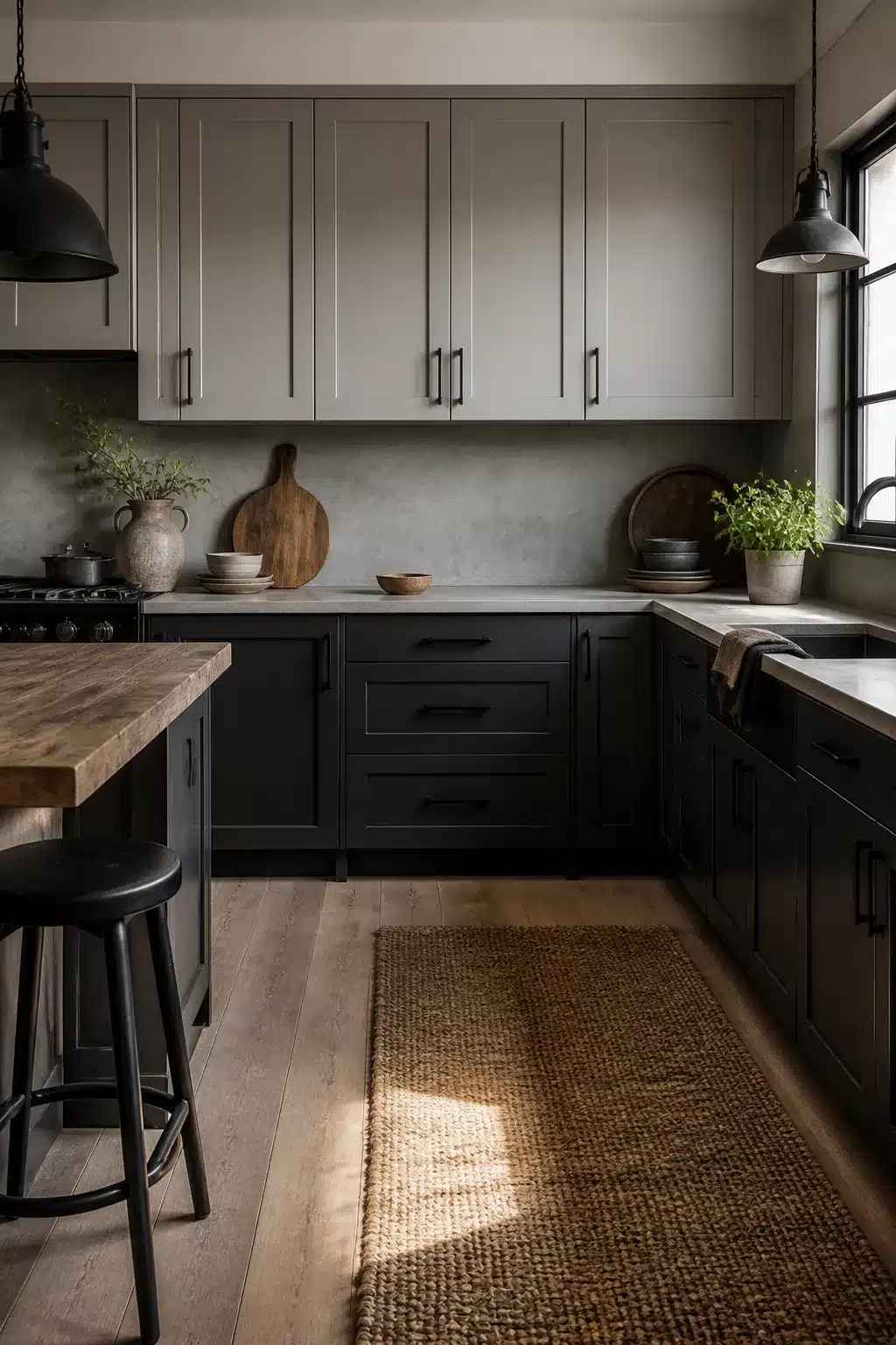 Two tone kitchen cabinet ideas with charcoal lower cabinets and light gray uppers with matte black hardware