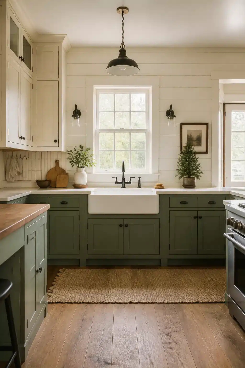 Two tone kitchen cabinet ideas with sage green lower cabinets, cream upper cabinets, shiplap walls, and a farmhouse sink.