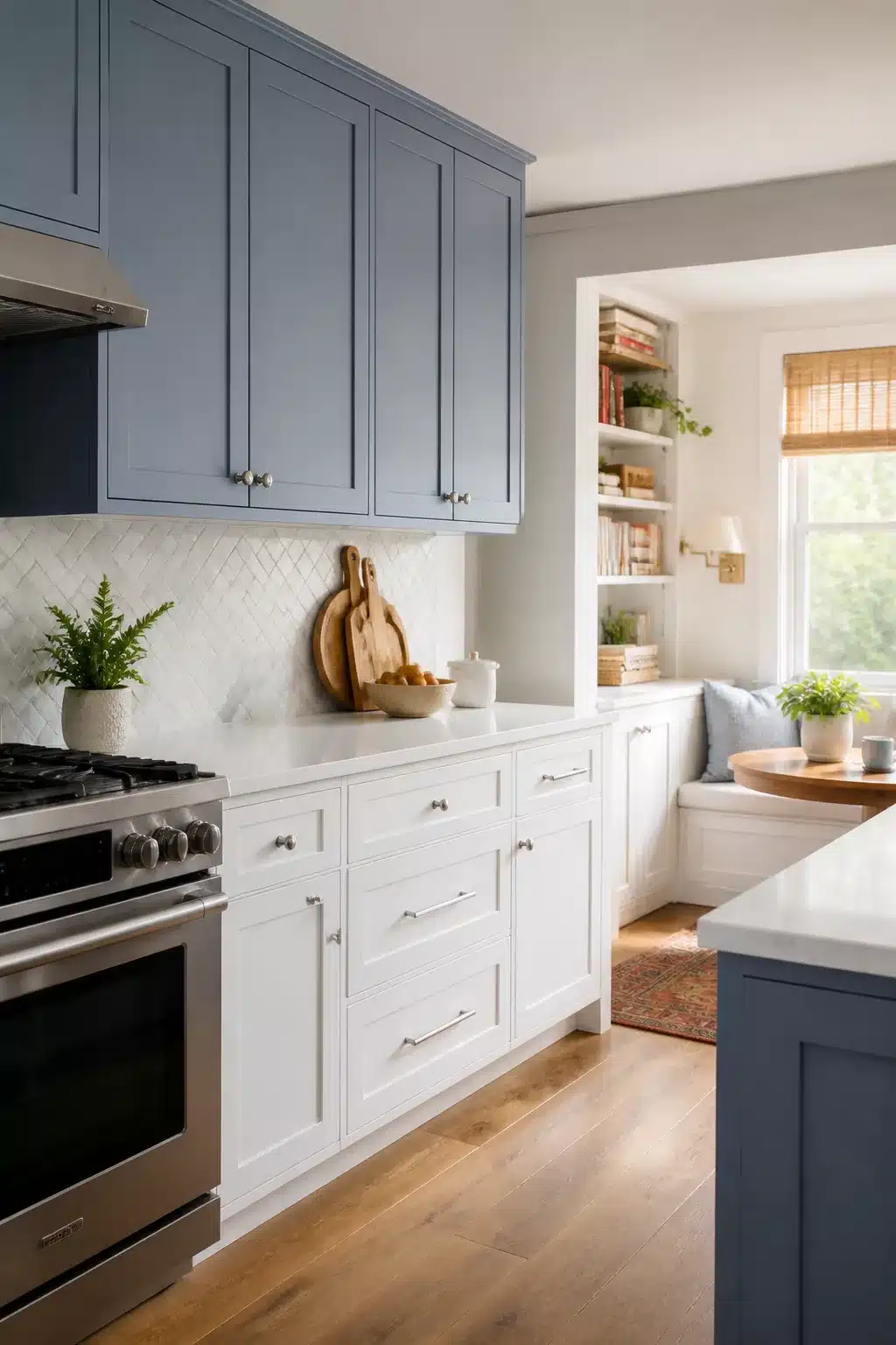 Two tone kitchen cabinet ideas with dusty blue upper cabinets and white lower cabinets, white backsplash tile, and nickel hardware