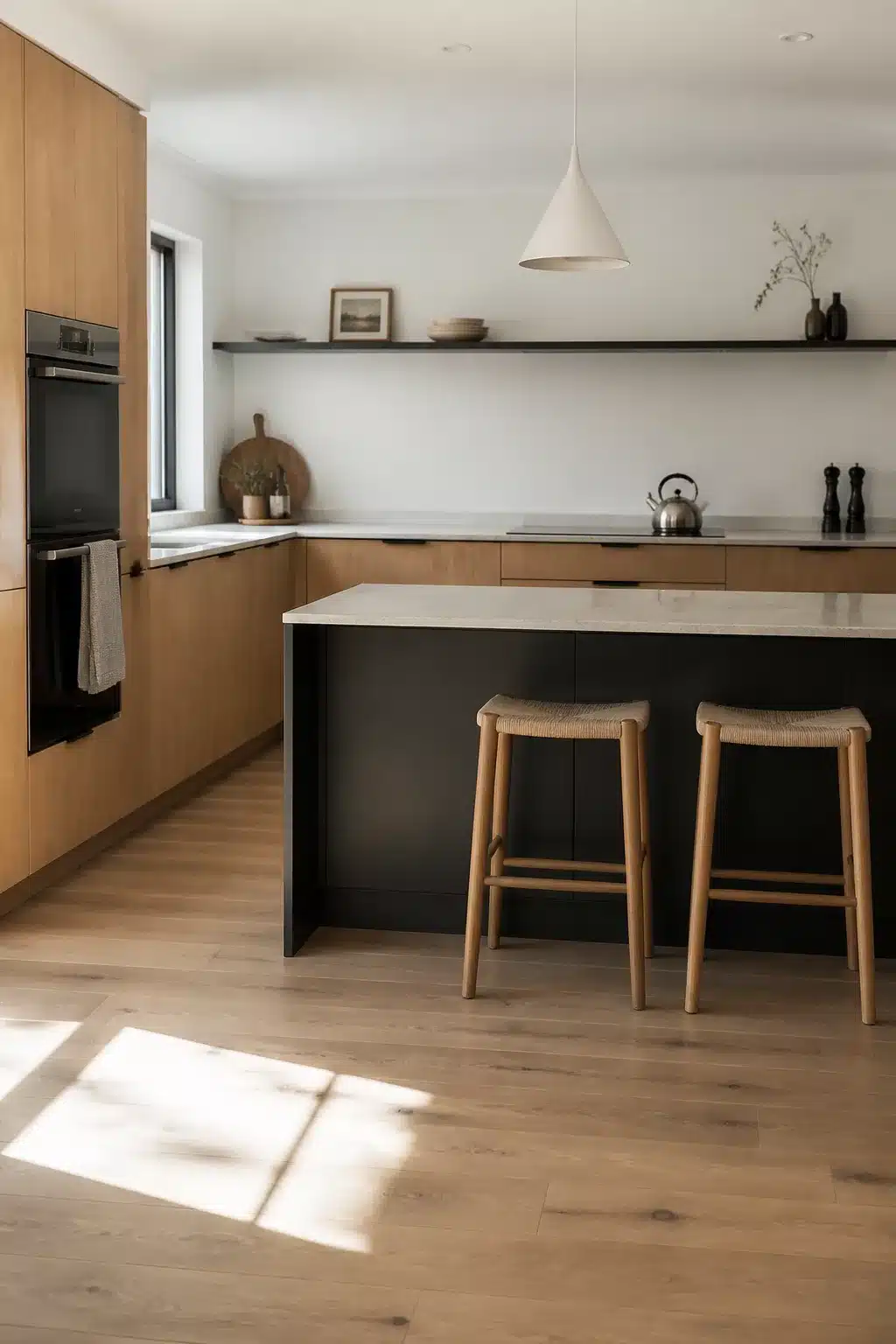 Two tone kitchen cabinet ideas: matte black island with natural oak flat-front perimeter cabinets and white countertops