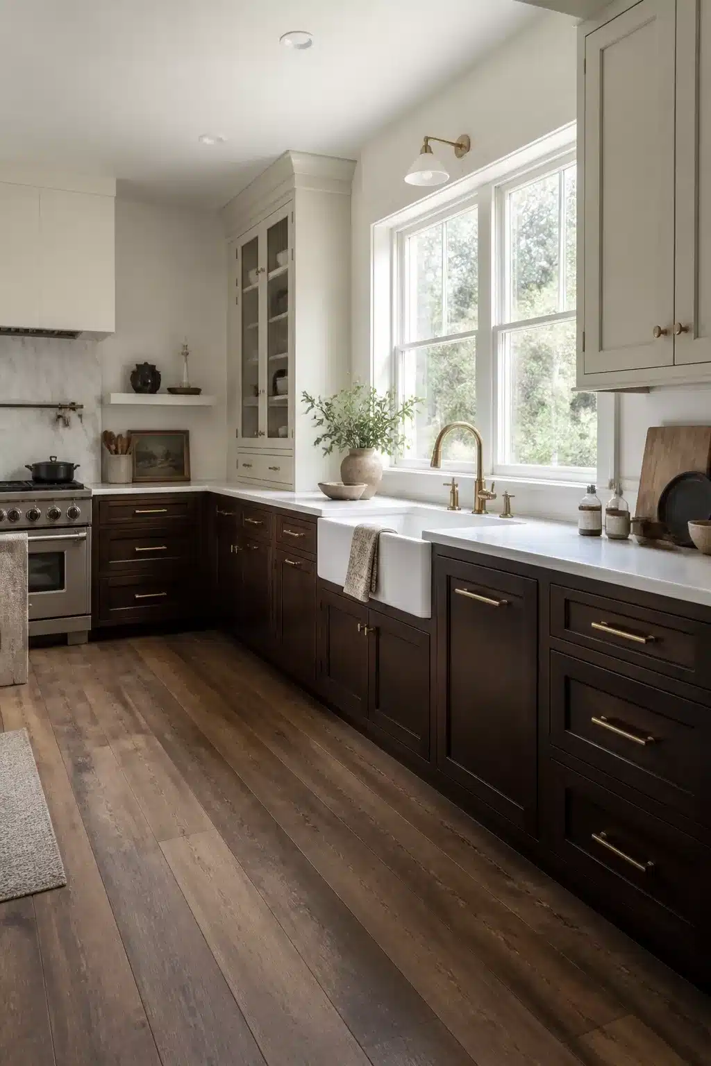 Two tone kitchen cabinets in brown — espresso lower cabinets with cream uppers, brass hardware, and hardwood floors.