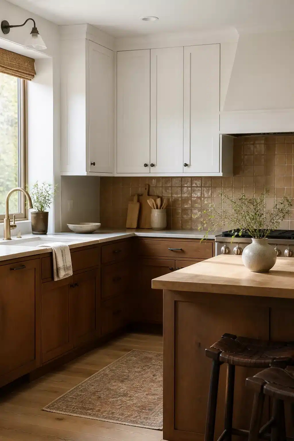 Two tone kitchen cabinets in brown — warm brown lower cabinets, white shaker uppers, terracotta tile backsplash