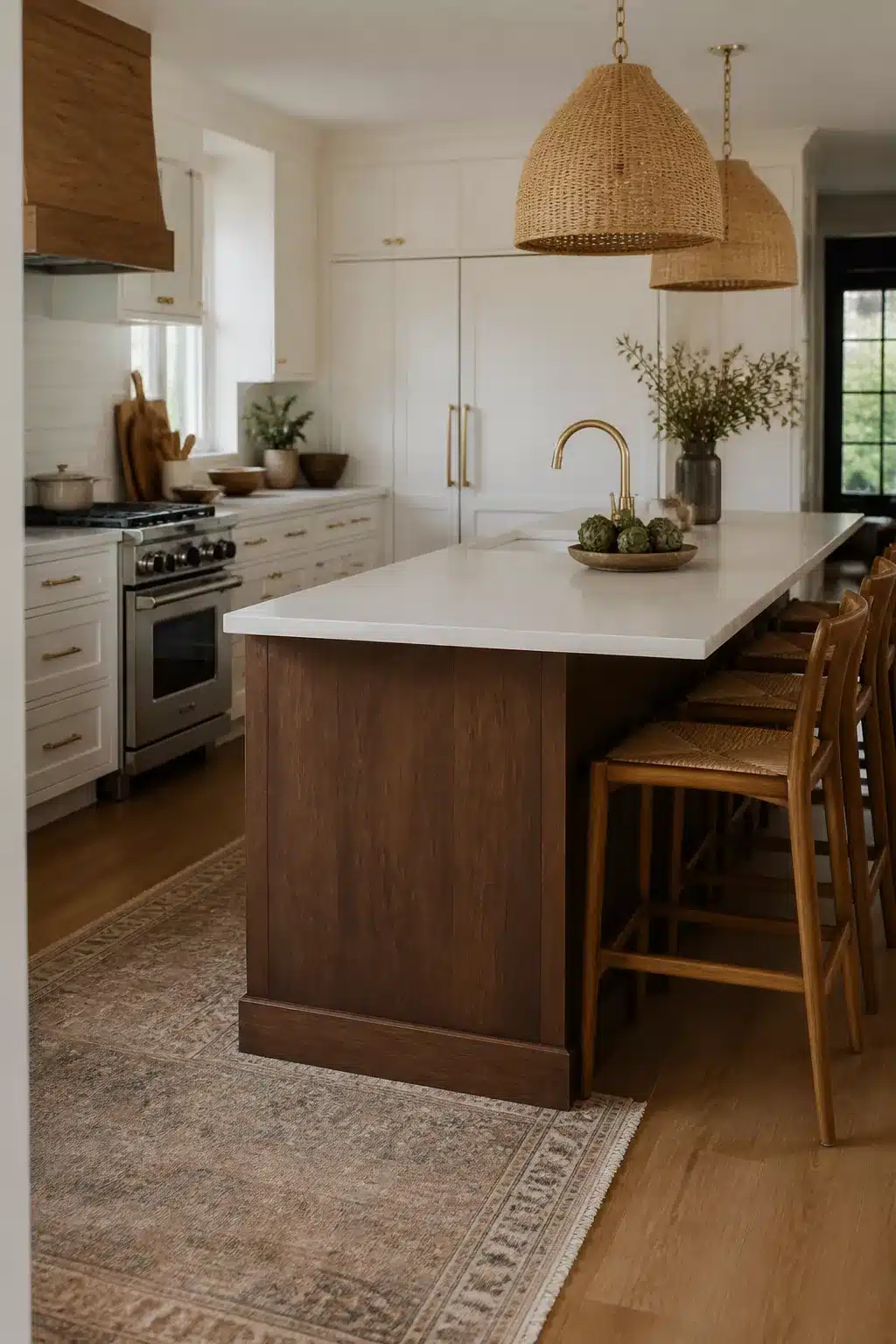 Two tone kitchen cabinets in brown — dark walnut island base with white painted perimeter cabinets and brass hardware