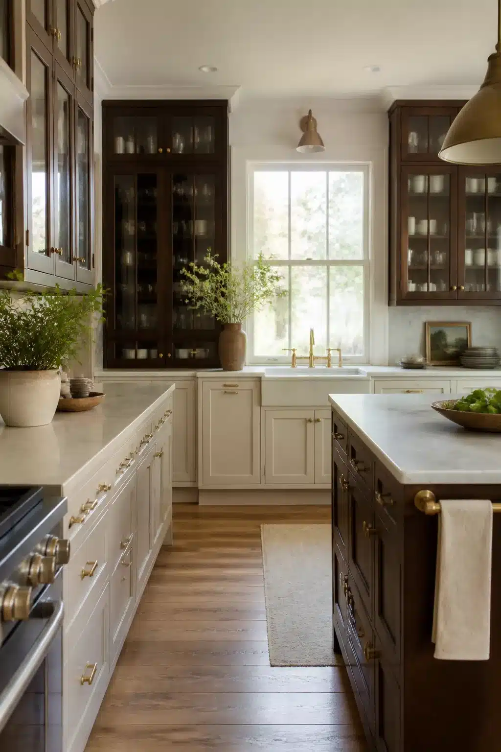Two tone kitchen cabinets in brown — dark glass-front uppers with linen white lowers and brass hardware