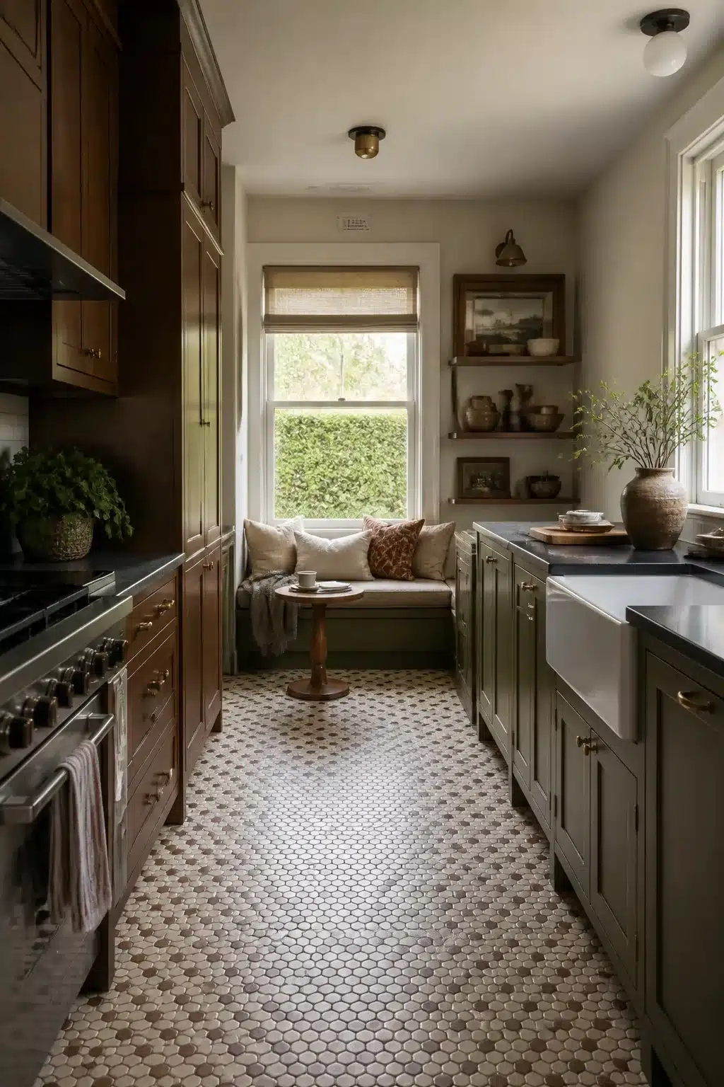Two tone kitchen cabinets in brown and olive green with brass hardware, penny tile floor, and window bench seat.