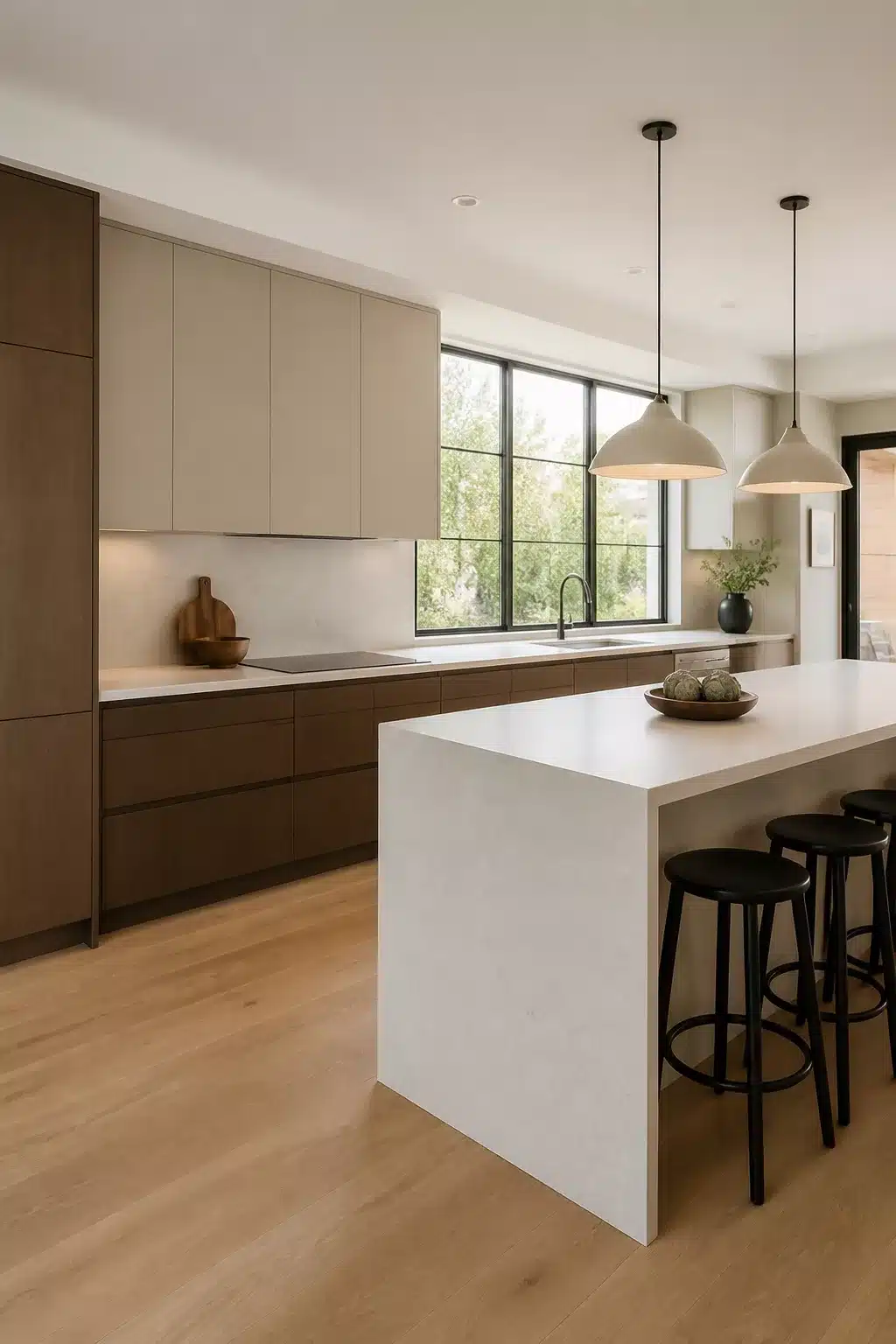 Two tone kitchen cabinets in brown — dark walnut lowers with greige flat-front uppers and a white stone island