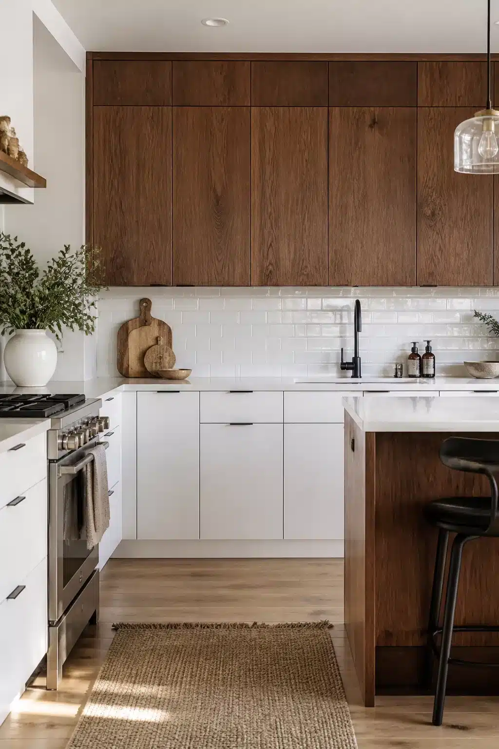 Two tone kitchen cabinets in brown — rich walnut upper cabinets paired with flat-front white lower cabinets and black hardware