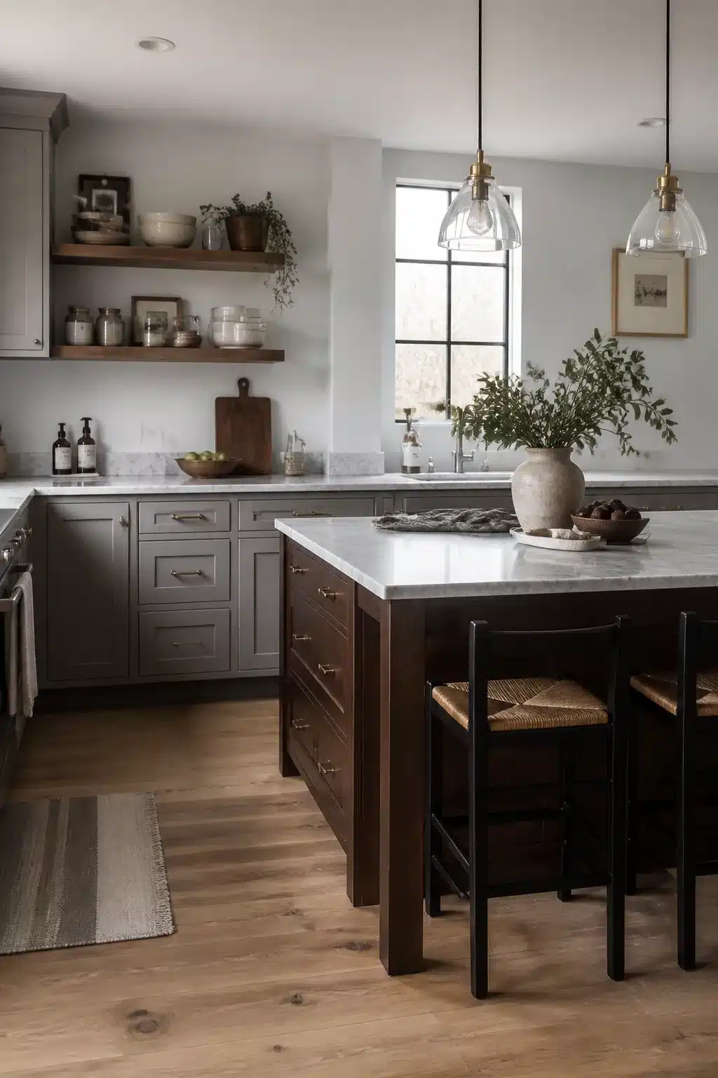 Two tone kitchen cabinets in brown — chocolate brown island with soft gray perimeter cabinets and marble countertops