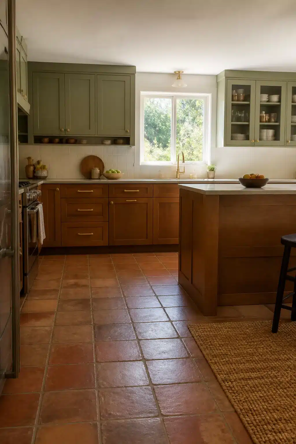 Two tone kitchen cabinets in brown with caramel stained lowers, sage green uppers, brass hardware, and terracotta tile floor