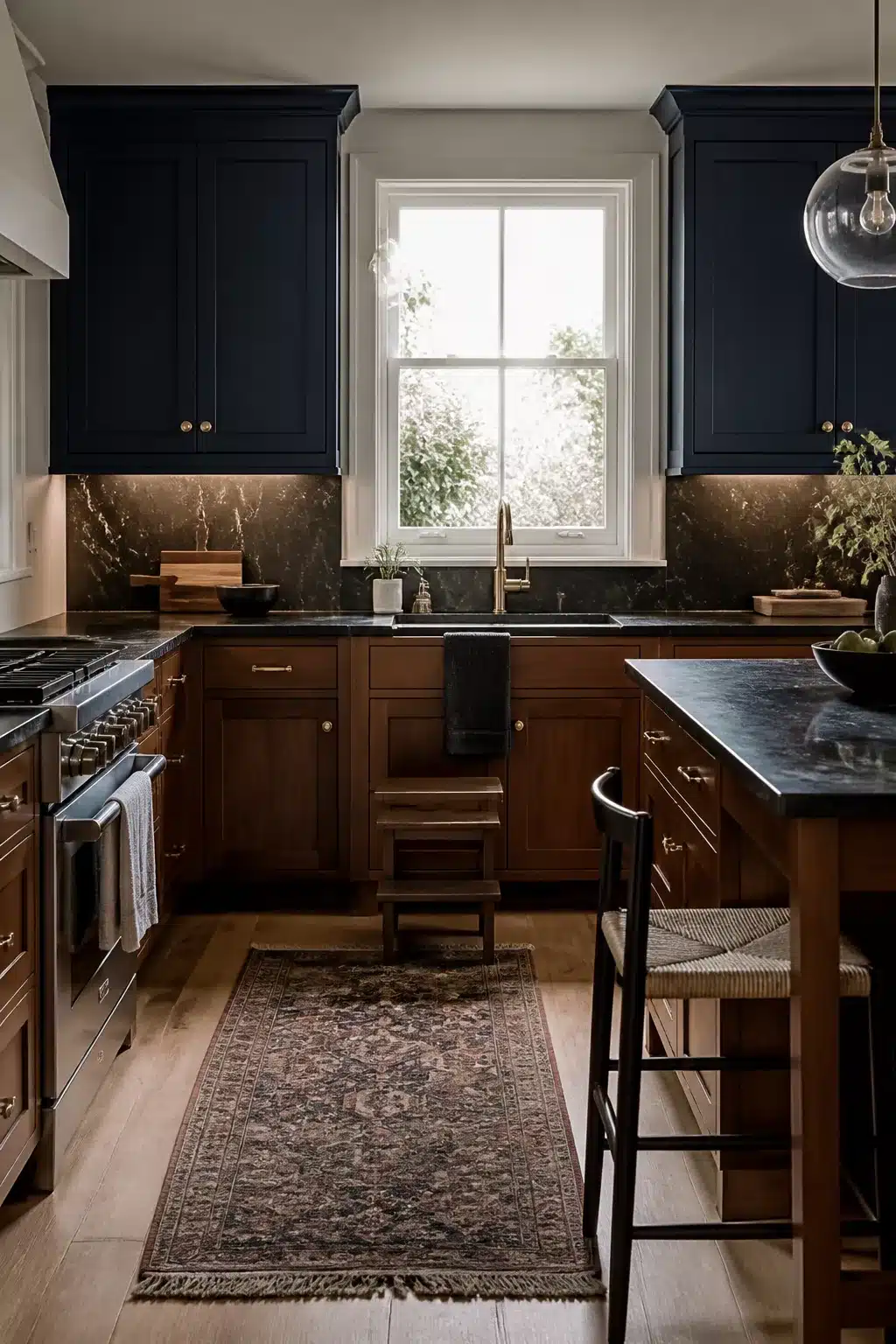 Two tone kitchen cabinets in brown shaker lowers paired with navy blue uppers, black marble backsplash, brass hardware
