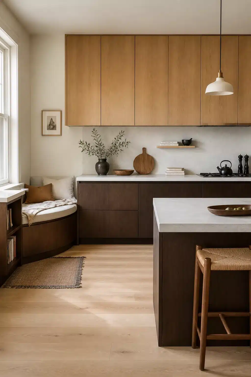 Two tone kitchen cabinets in brown — light oak uppers with dark espresso-brown lower cabinets and white stone countertop
