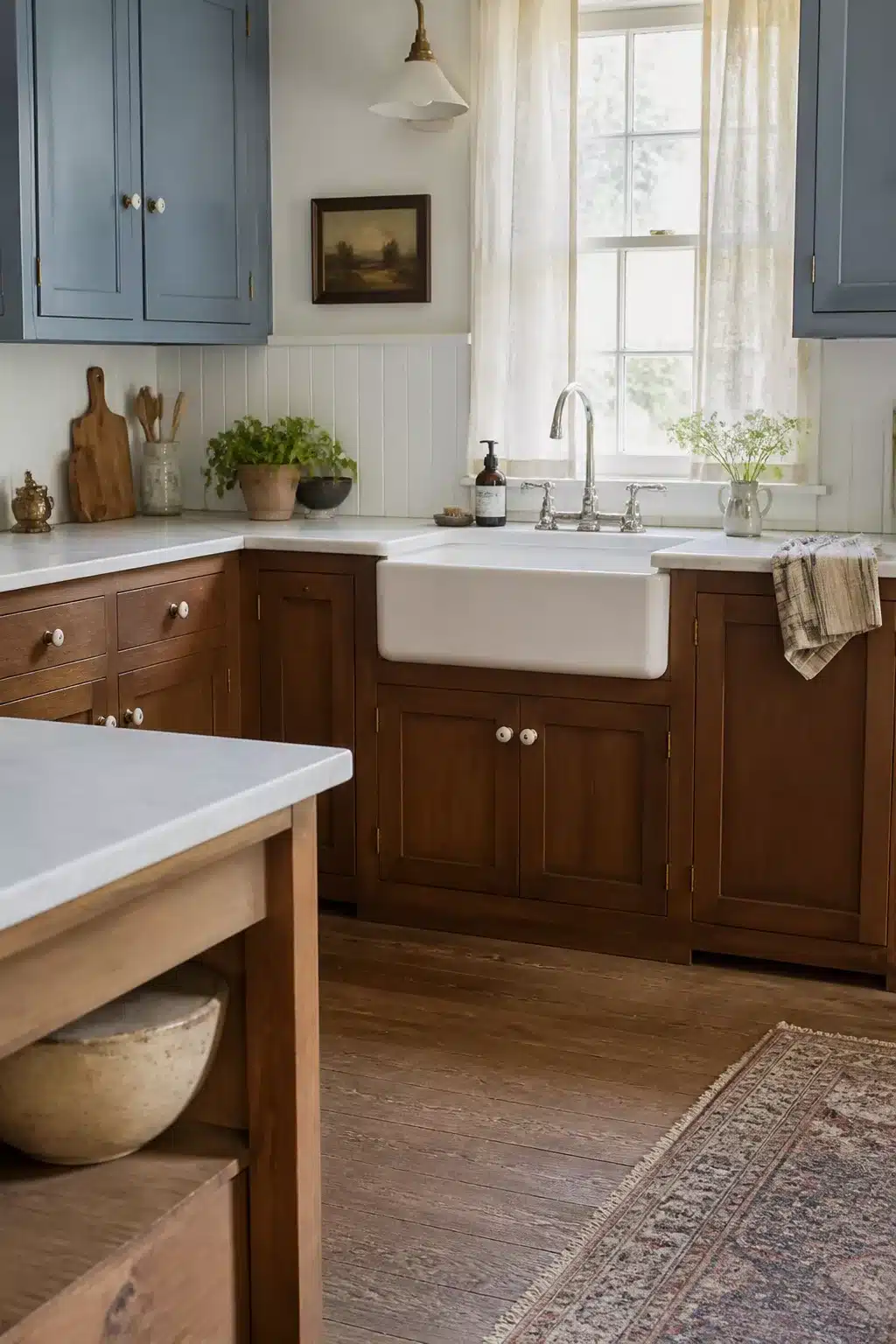 Two tone kitchen cabinets in brown walnut lowers paired with dusty blue upper cabinets and a farmhouse sink