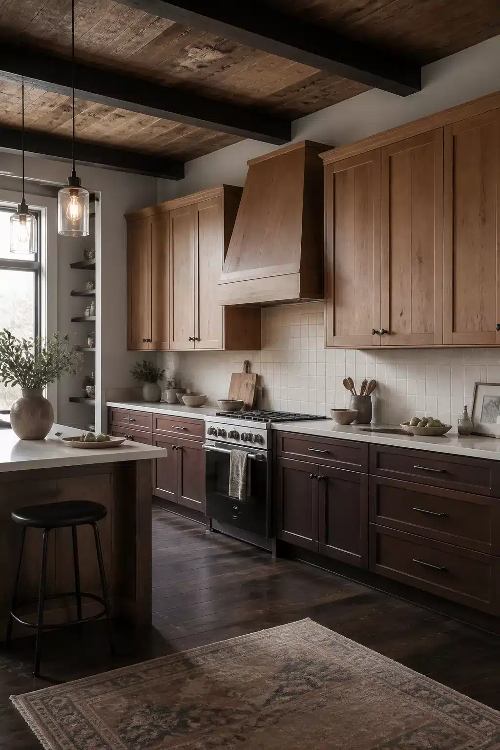 Two tone kitchen cabinets in brown with light maple uppers and dark walnut lower cabinets, reclaimed wood ceiling