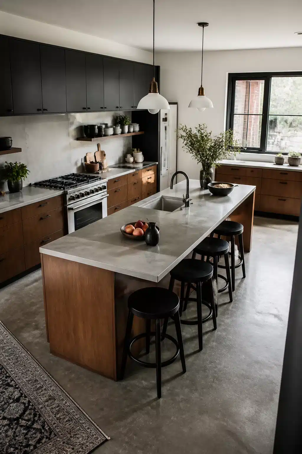 Two tone kitchen cabinets in brown with matte black uppers, walnut lowers, concrete countertops, and black island stools