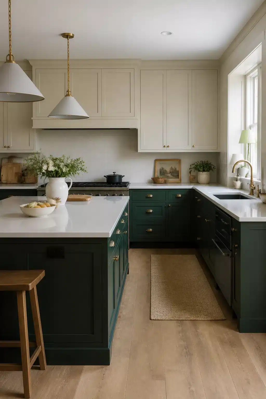 Two tone kitchen cabinets in green and cream with forest green lowers, cream uppers, and brass hardware
