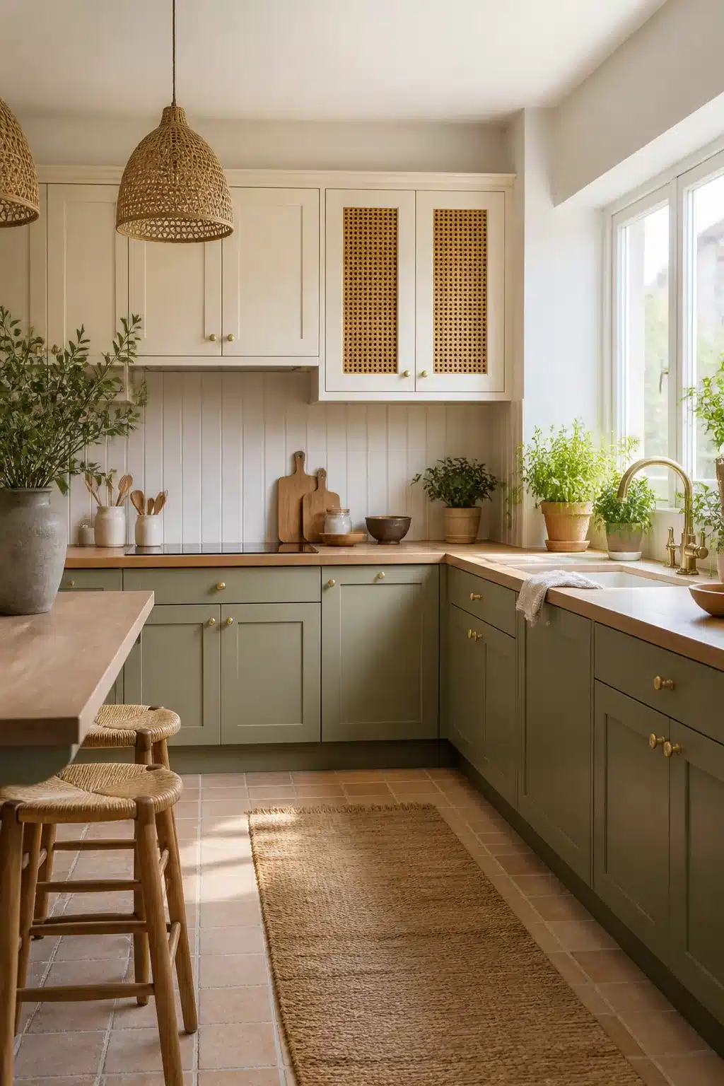 Two tone kitchen cabinets in green and cream with cane-front uppers, butcher block counters, and rattan pendants