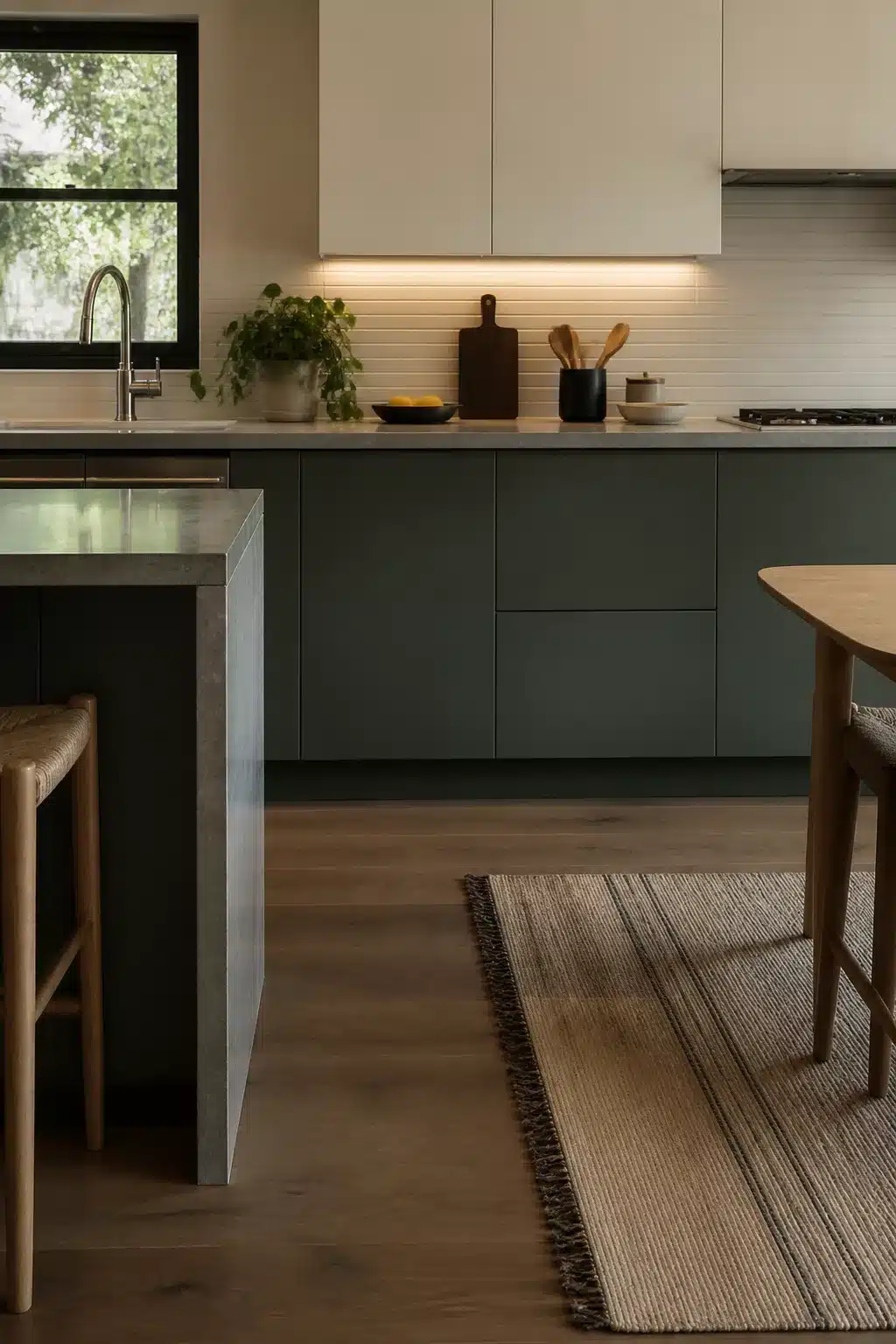 Two tone kitchen cabinets in green and cream with matte green lowers, cream uppers, and a concrete island top