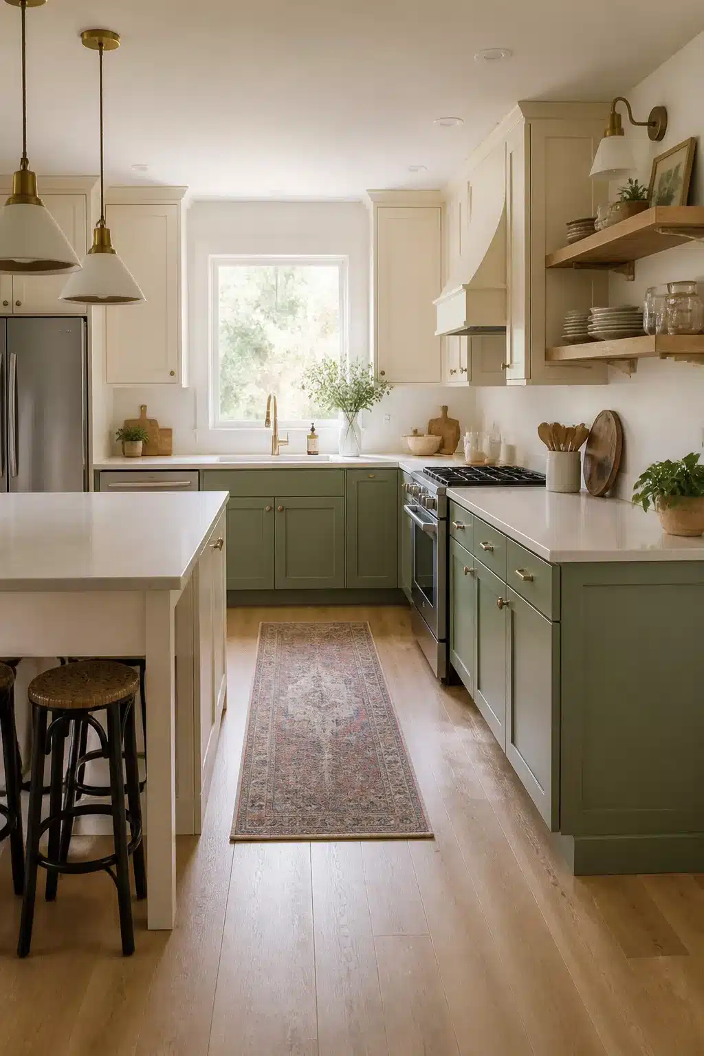 Two tone kitchen cabinets in green and cream with sage lower cabinets, a vintage runner, and a breakfast bar island