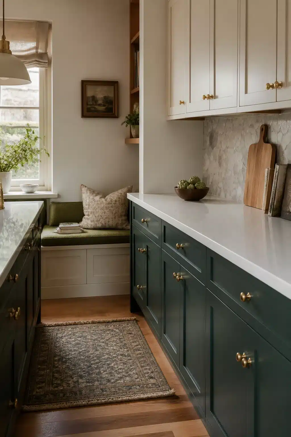 Two tone kitchen cabinets in green and cream with gold hardware, marble backsplash, and built-in bench seat