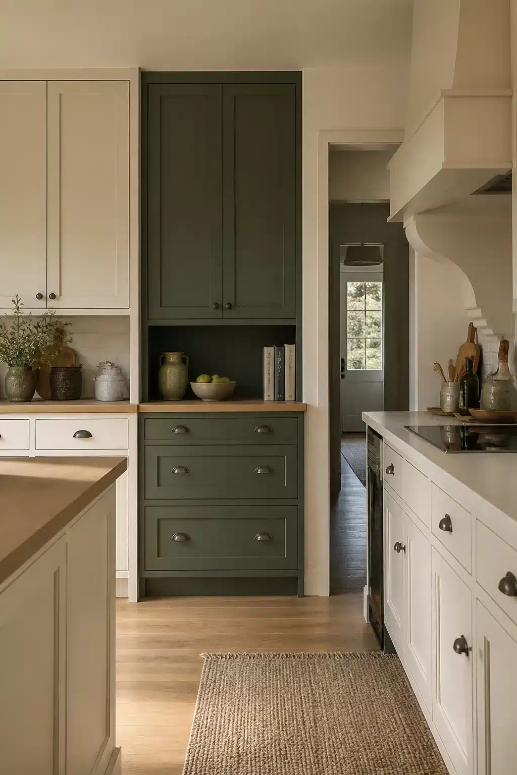 Two tone kitchen cabinets in green and cream with a tall dark green pantry cabinet and warm wood countertop