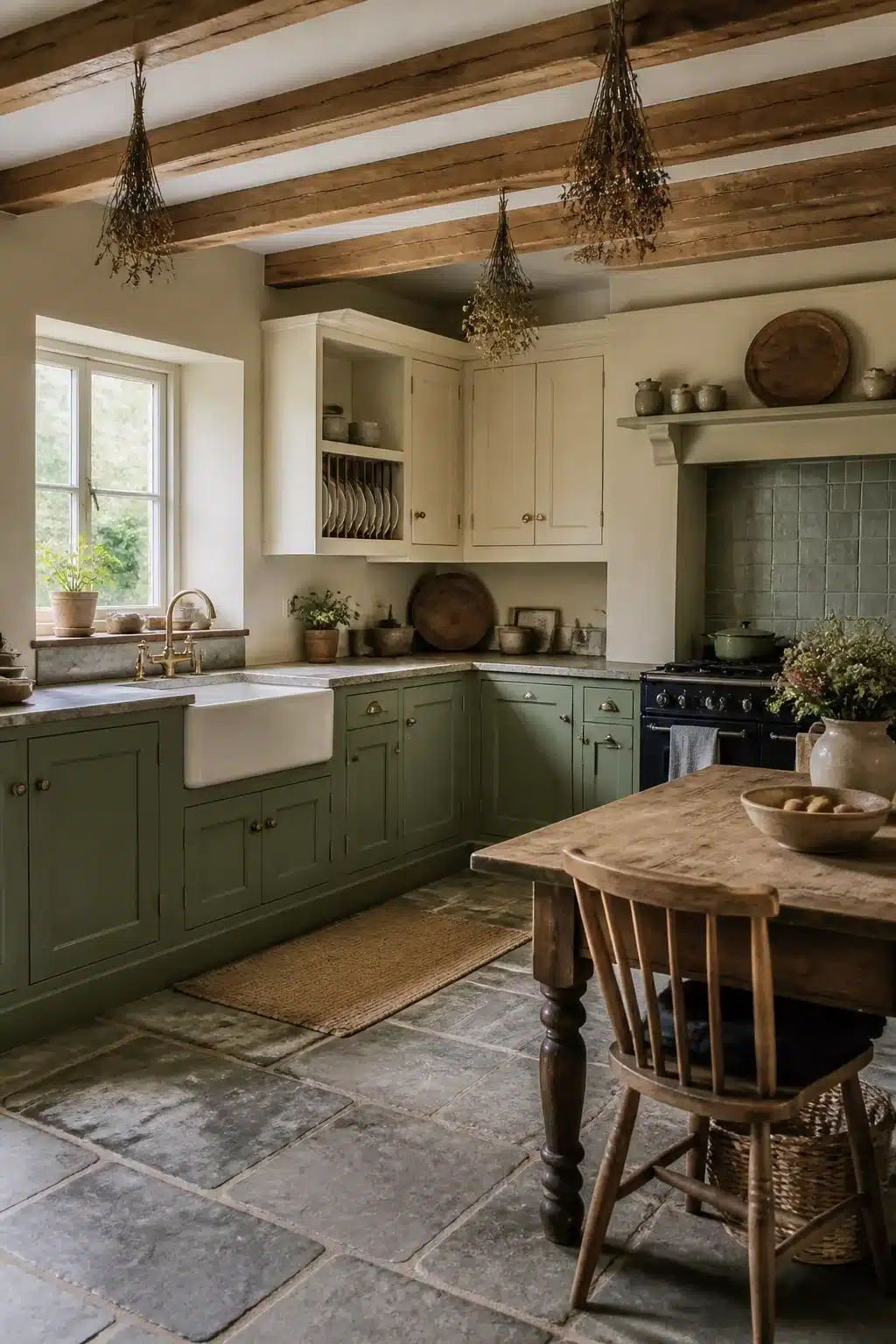 Two tone kitchen cabinets in green and cream with exposed wooden beams, stone floor, and farmhouse sink in a cottage kitchen