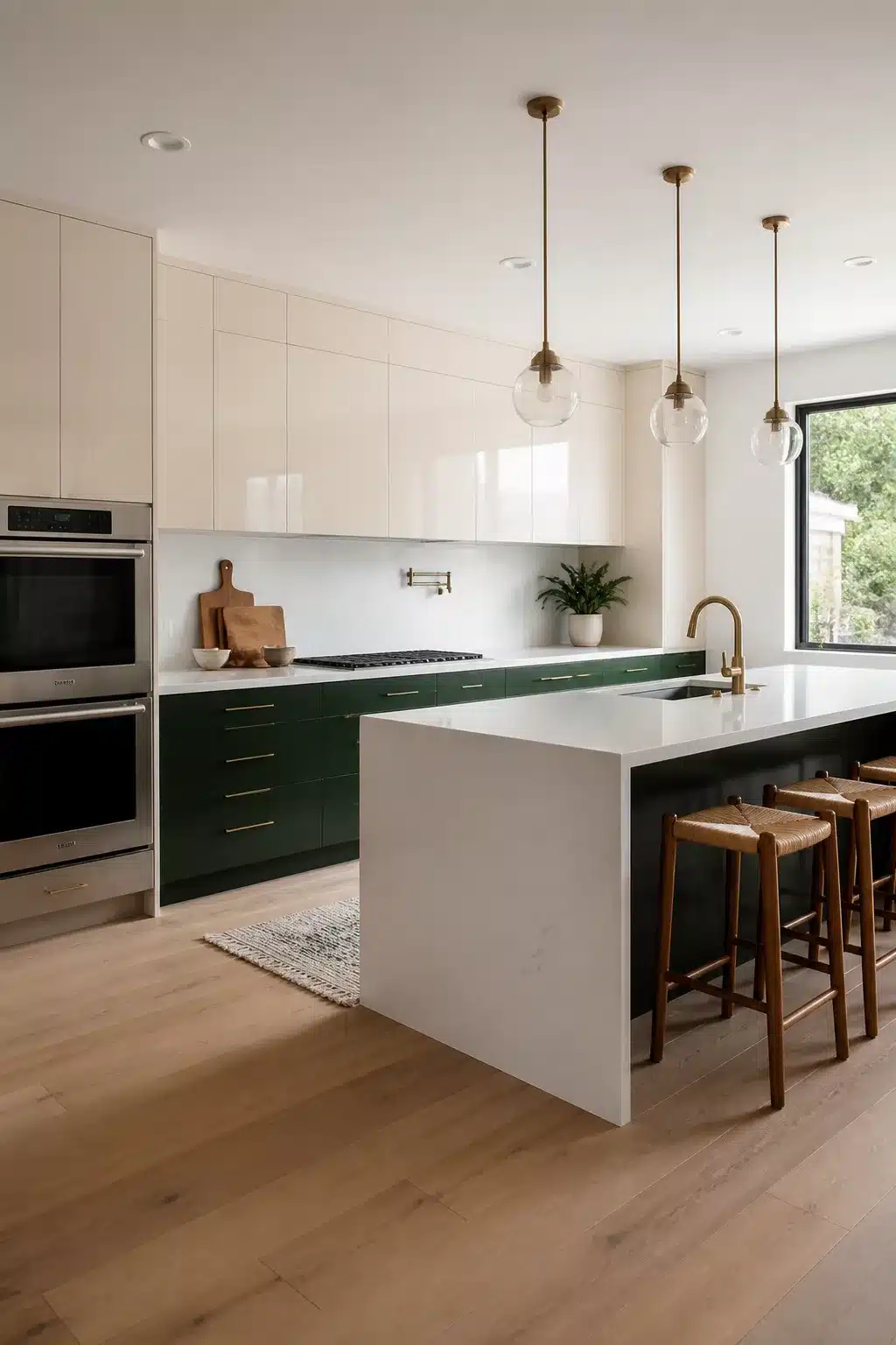 Two tone kitchen cabinets in green and cream with glossy uppers, globe pendants, and a white waterfall island