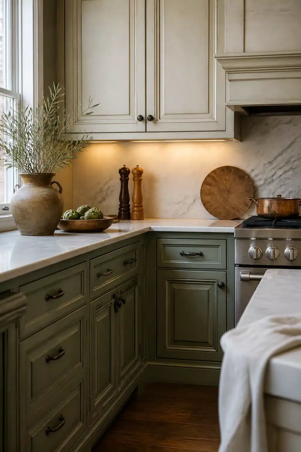 Two tone kitchen cabinets in green and cream with olive lower cabinets, cream glazed uppers, and marble countertops