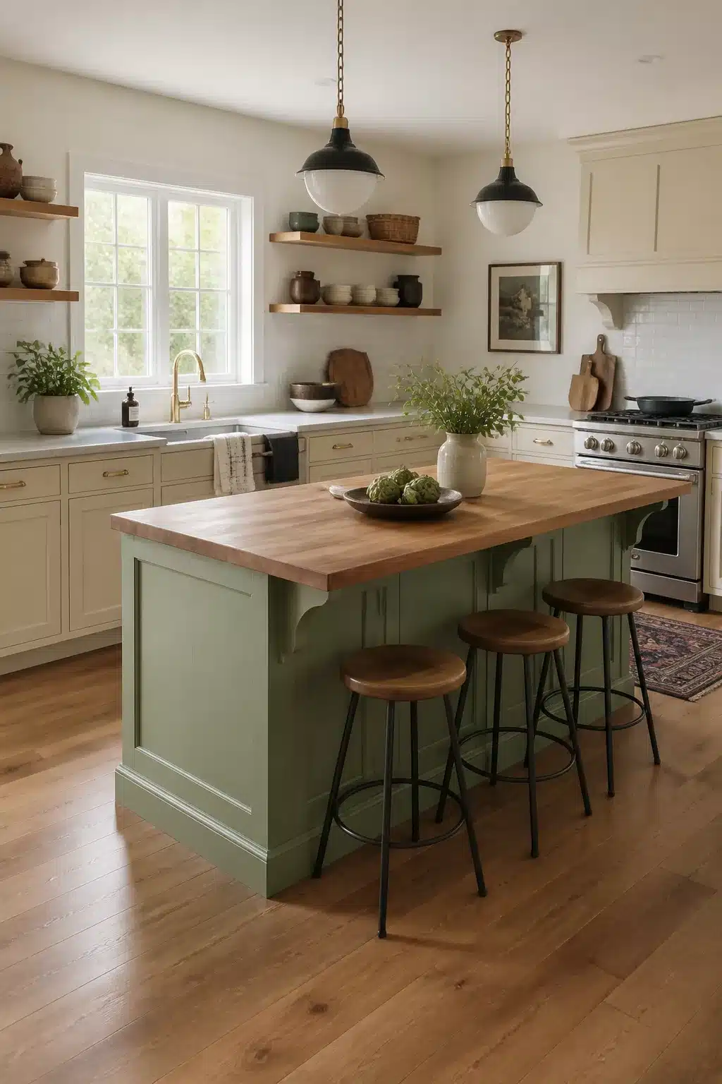 Two tone kitchen cabinets in green and cream with sage green island, butcher block top, and black pendants