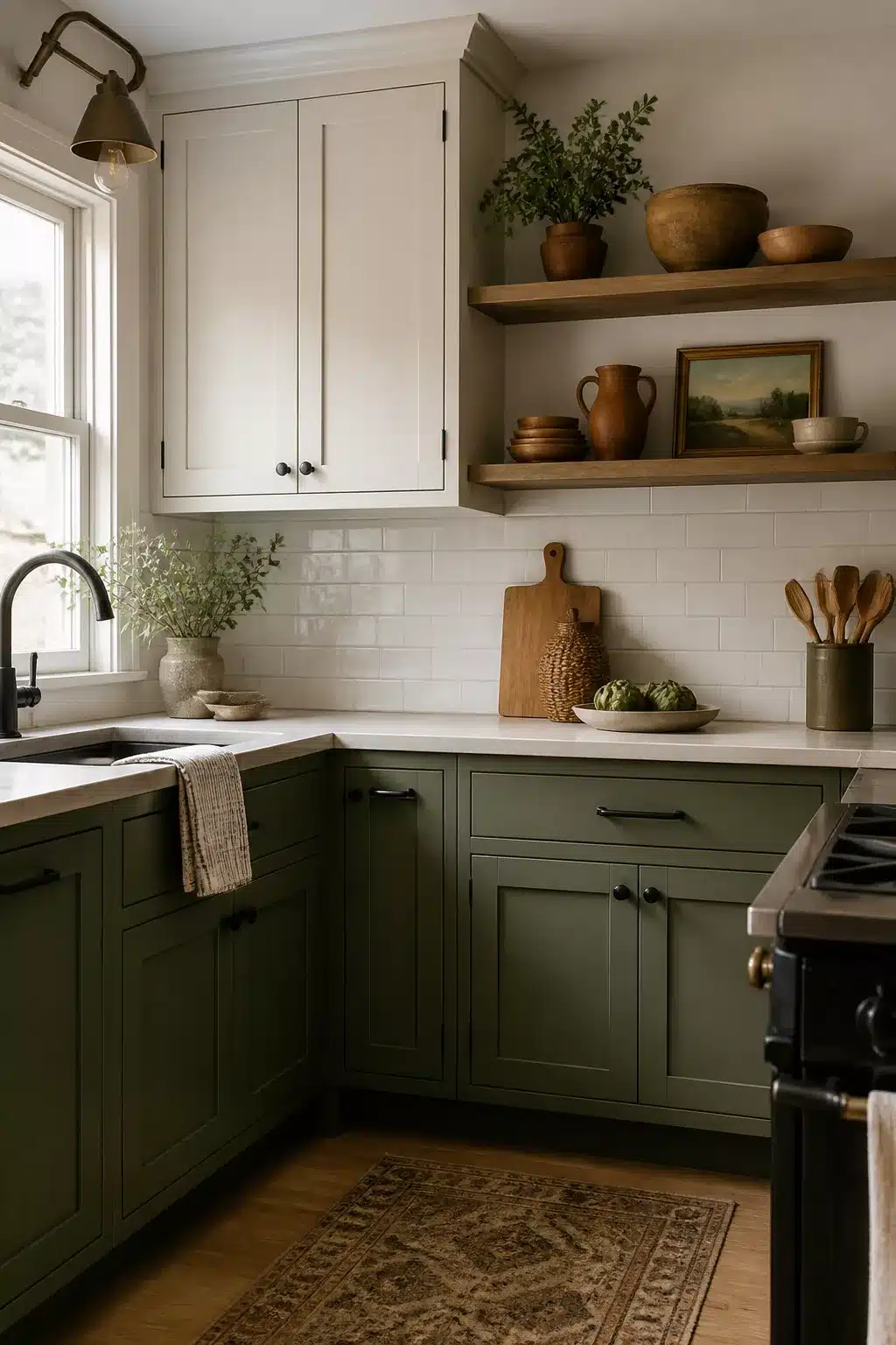 Two tone kitchen cabinets in green and cream with olive lower cabinets, cream uppers, and open wood shelving