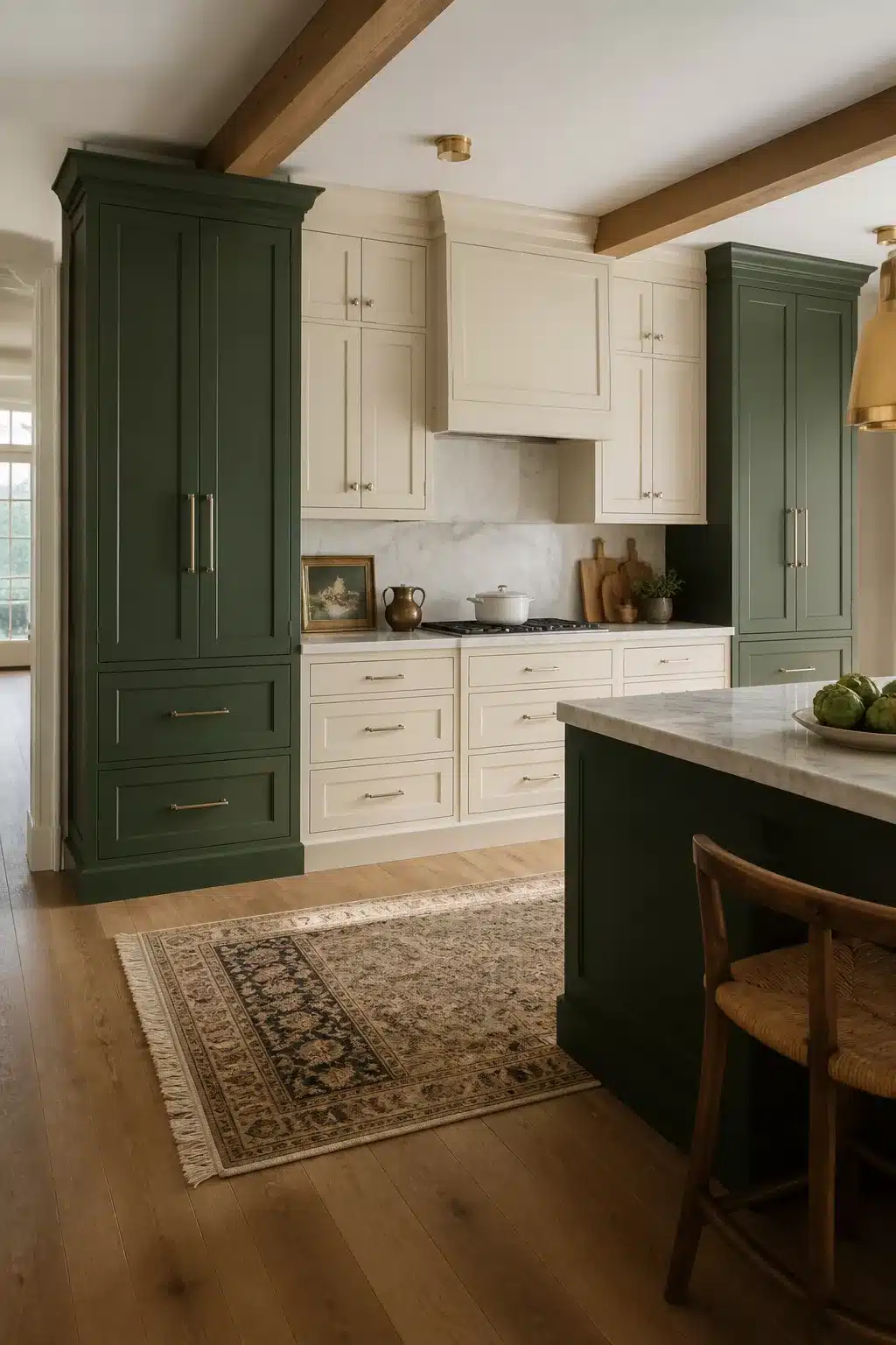 Two tone kitchen cabinets in green and cream with hunter green full-height pantry towers and brass hardware