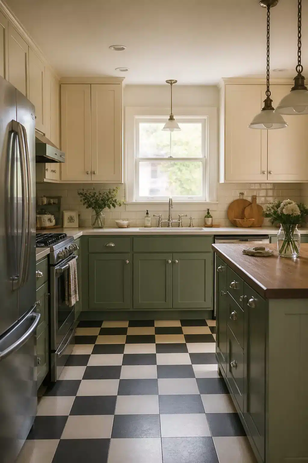 Two tone kitchen cabinets in green and cream with checkerboard floor and vintage pendant lights