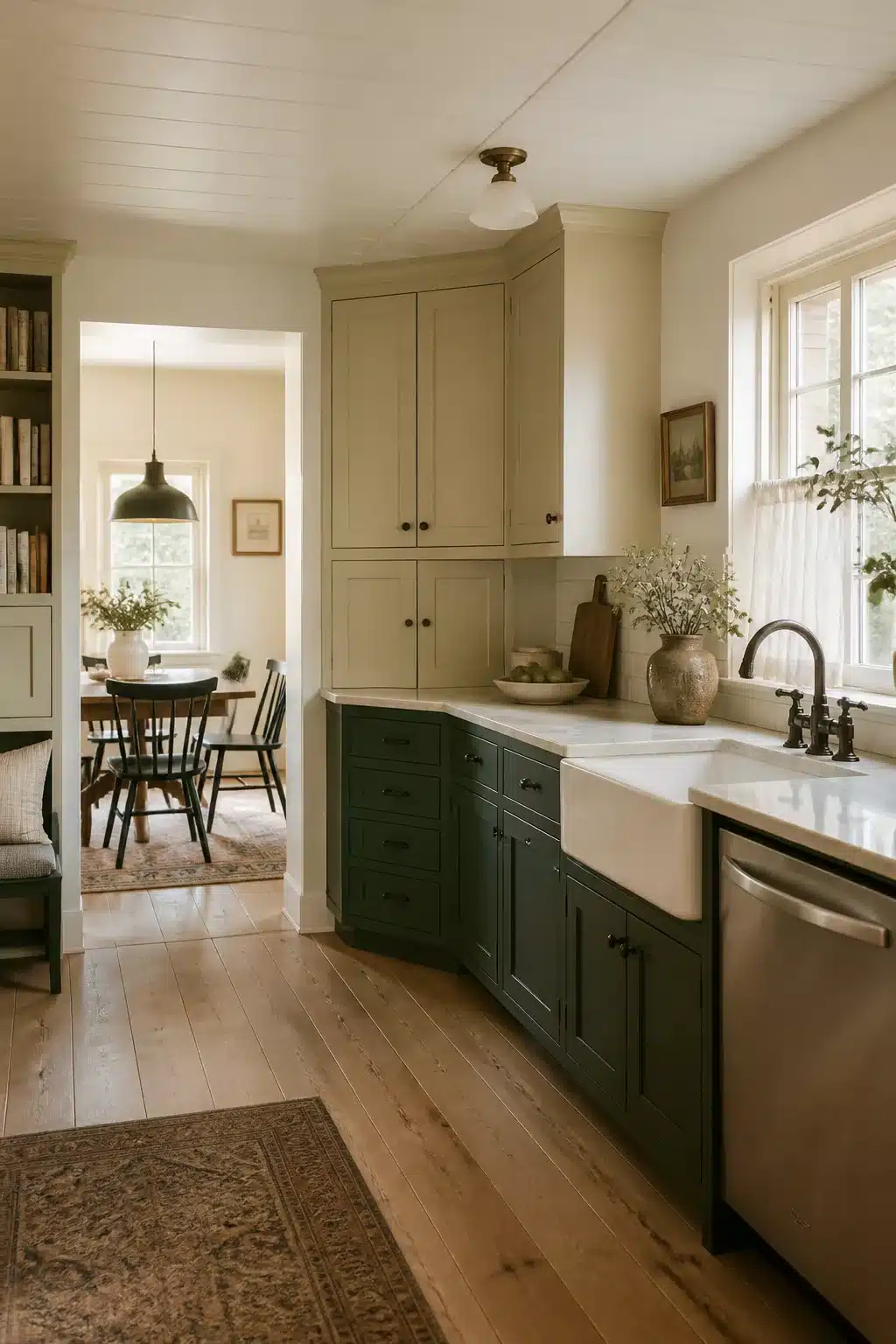 Two tone kitchen cabinets in green and cream with a farmhouse sink, bottle green lowers, antique cream uppers, wide plank floors