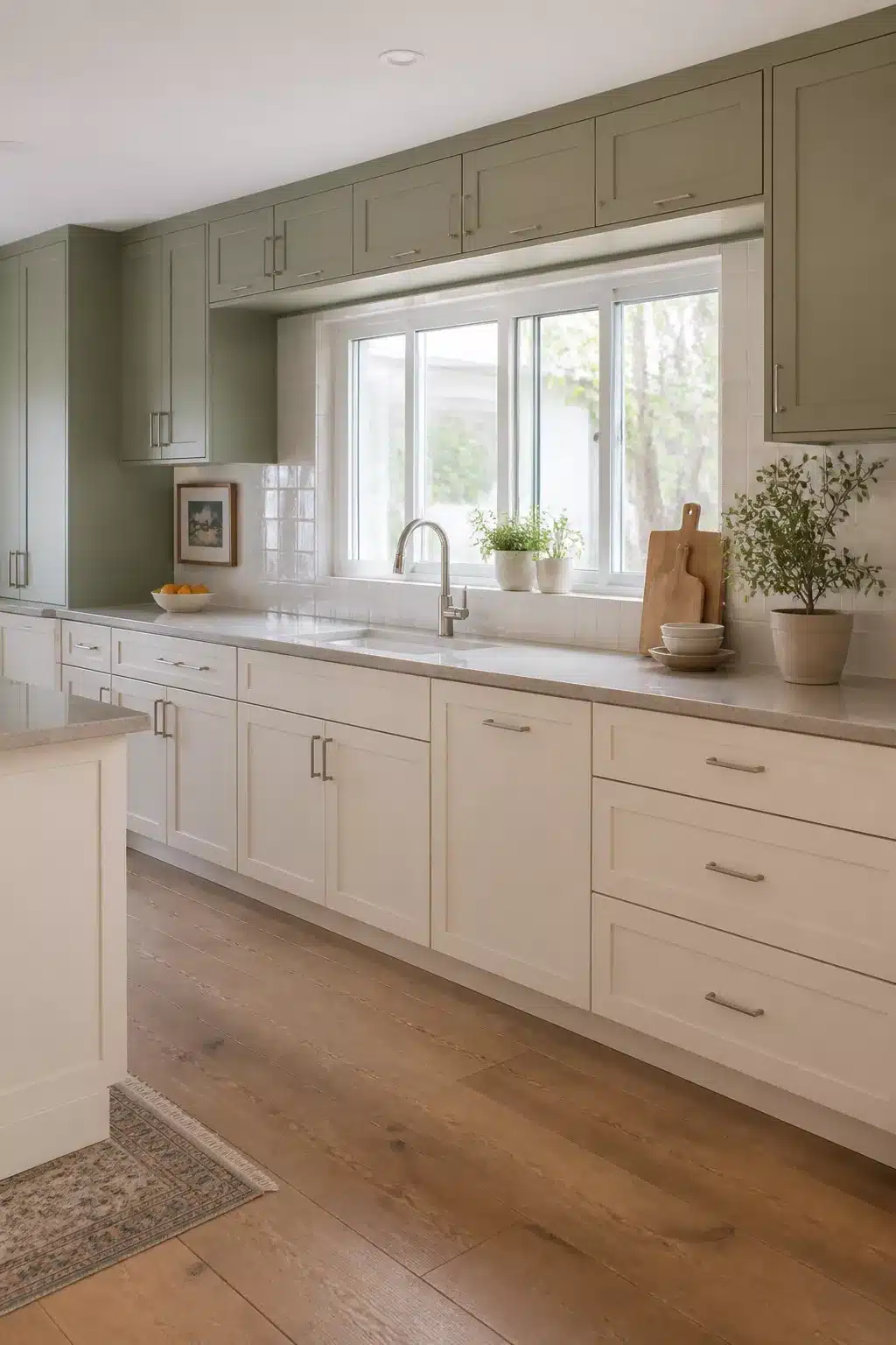 Two tone kitchen cabinets in green and cream — sage green uppers, cream shaker lowers, wide sink window