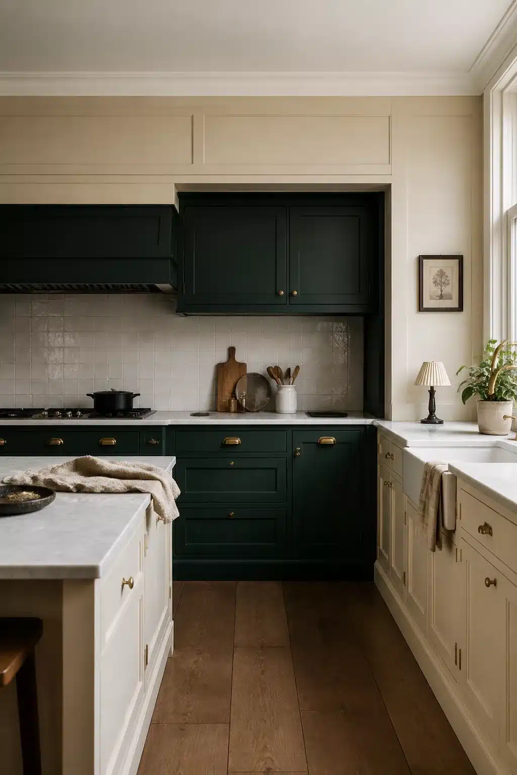 Two tone kitchen cabinets in green and cream with emerald accent wall, brass hardware, and oak floors