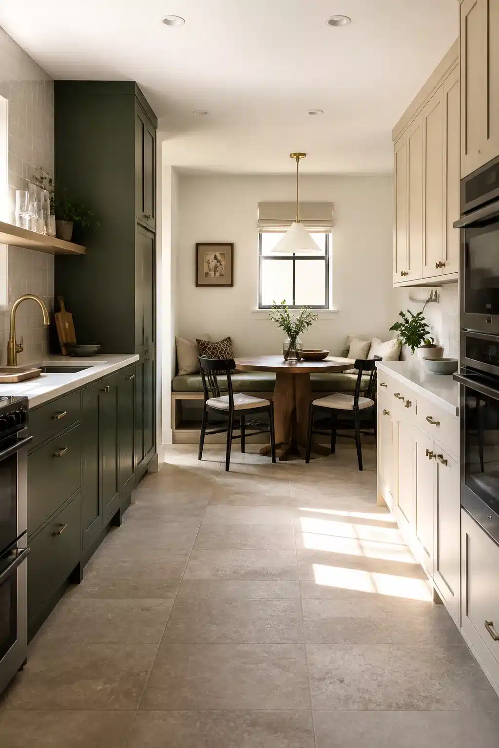 Two tone kitchen cabinets in green and cream galley with brass hardware and corner banquette dining nook