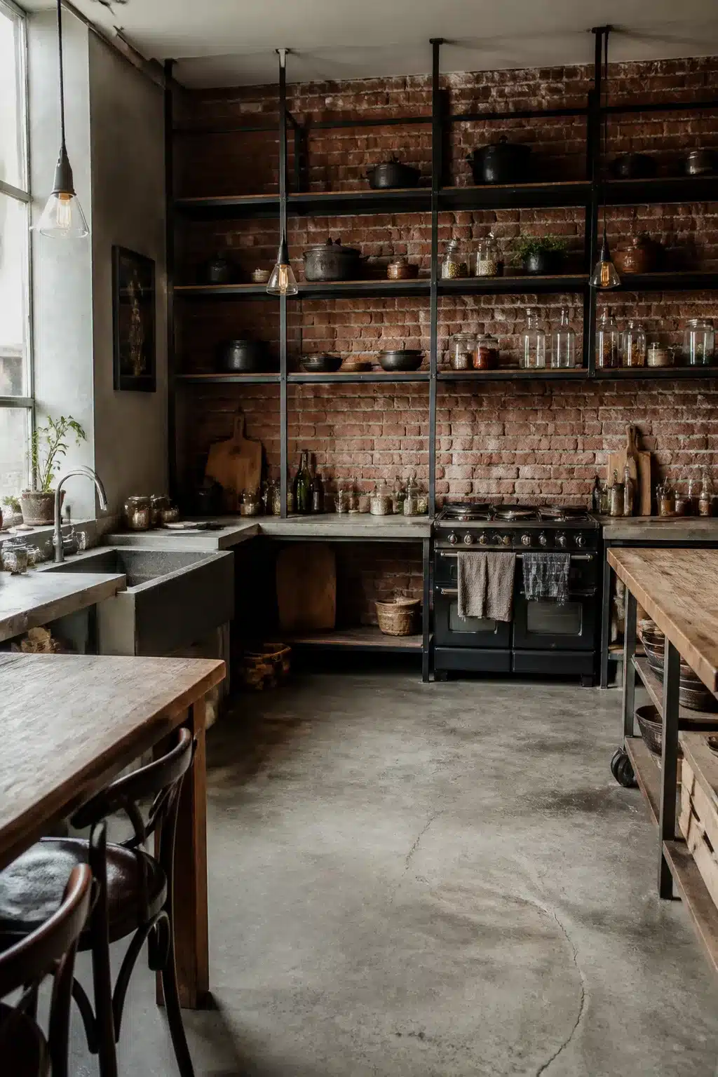 Vintage industrial kitchen with exposed red brick wall, black steel open shelving, concrete countertops and vintage black range